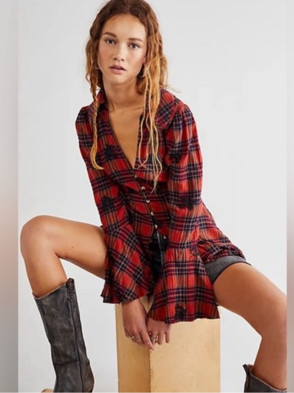 NWT Free People Ezra plaid embroidered button up bell cuff M raw edge tunic - Picture 16 of 16